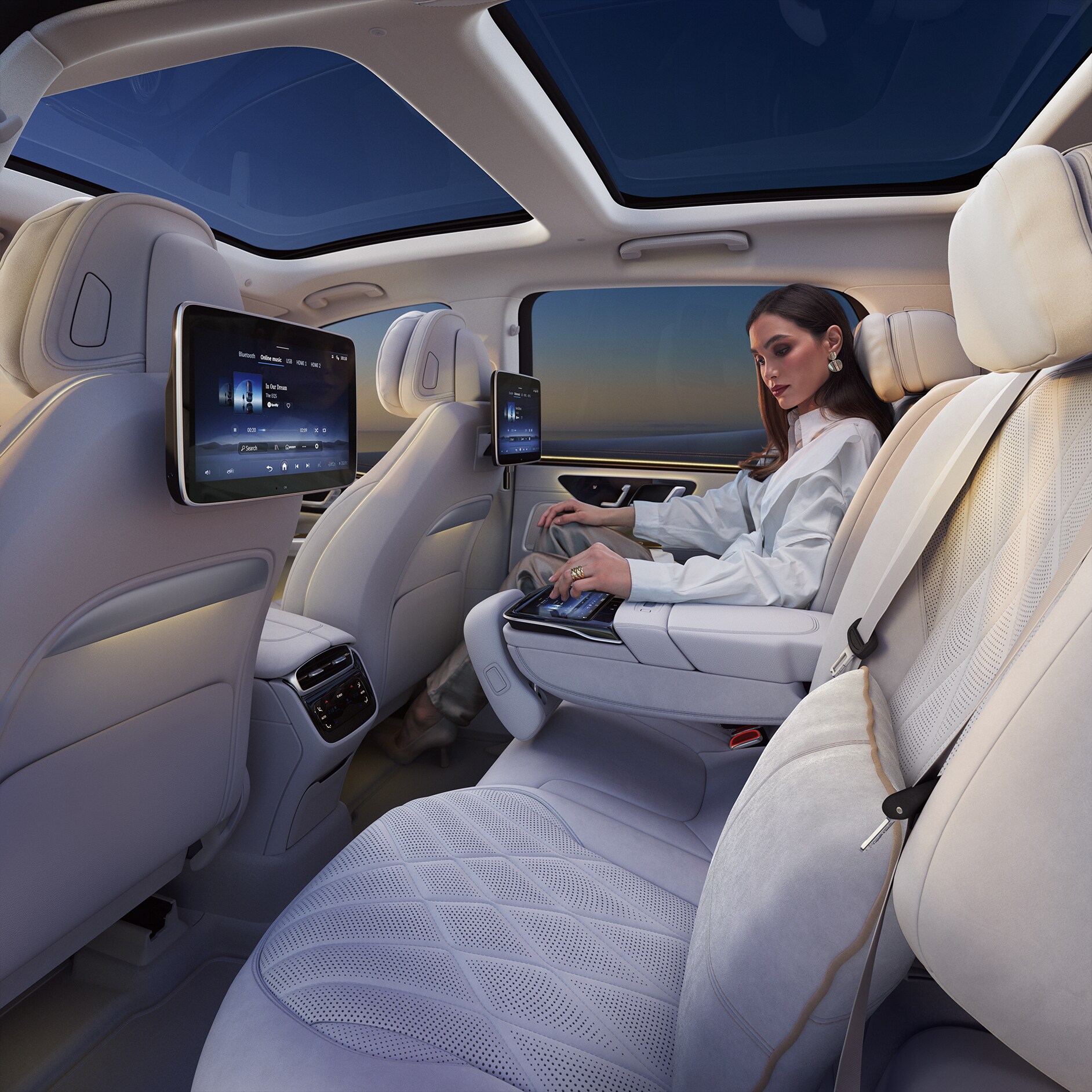 Rear interior of a Mercedes-Benz EQS SUV. Rear interior of a Mercedes-Benz EQS SUV.