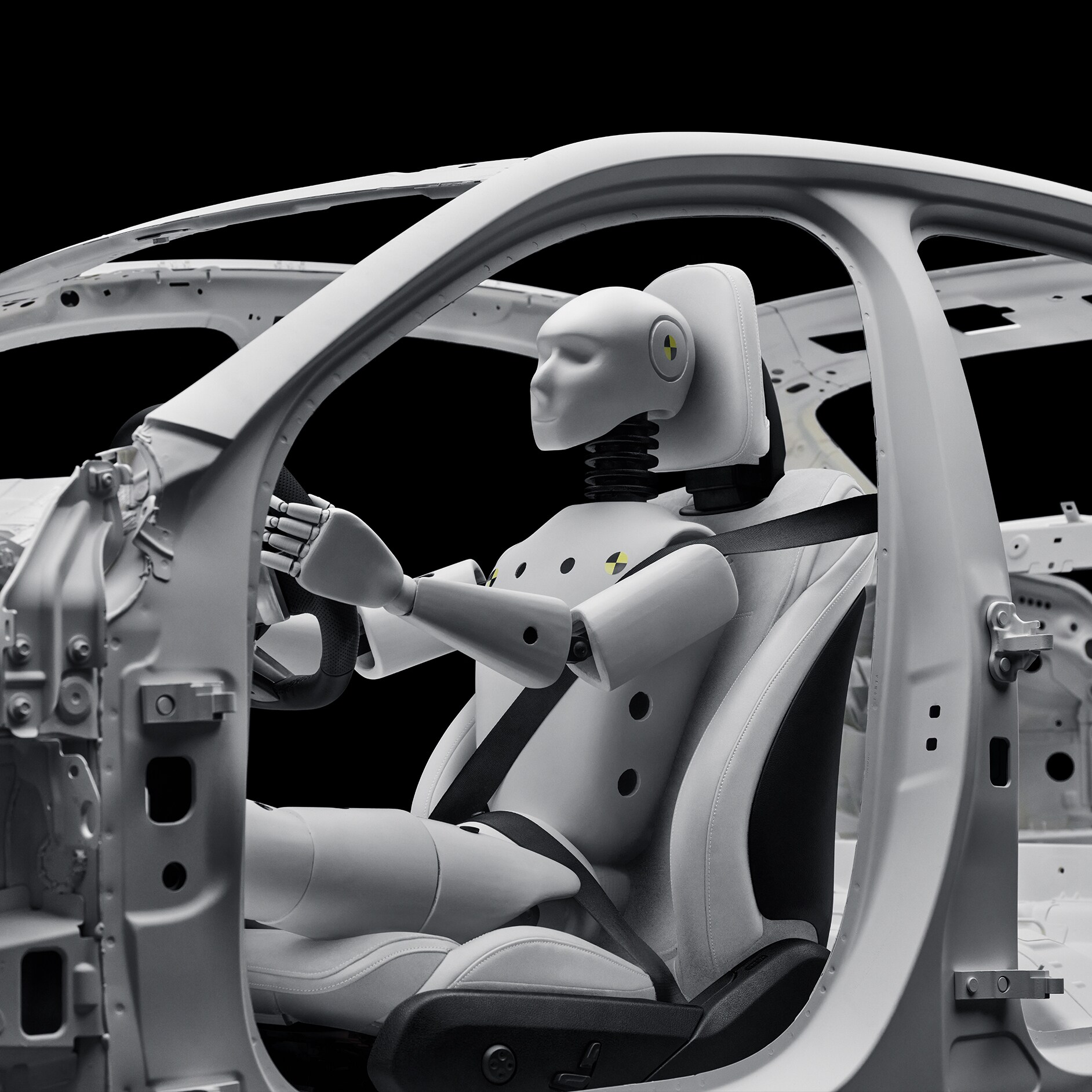 Crash test dummy in a vehicle frame of Mercedes-Benz. Crash test dummy in a vehicle frame of Mercedes-Benz.